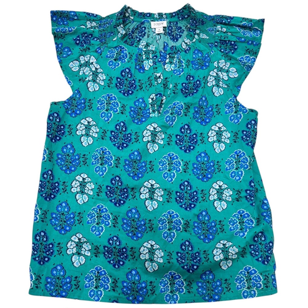 J.Crew Green Blue Floral Block Print Flutter Sleeve Top Small light weight